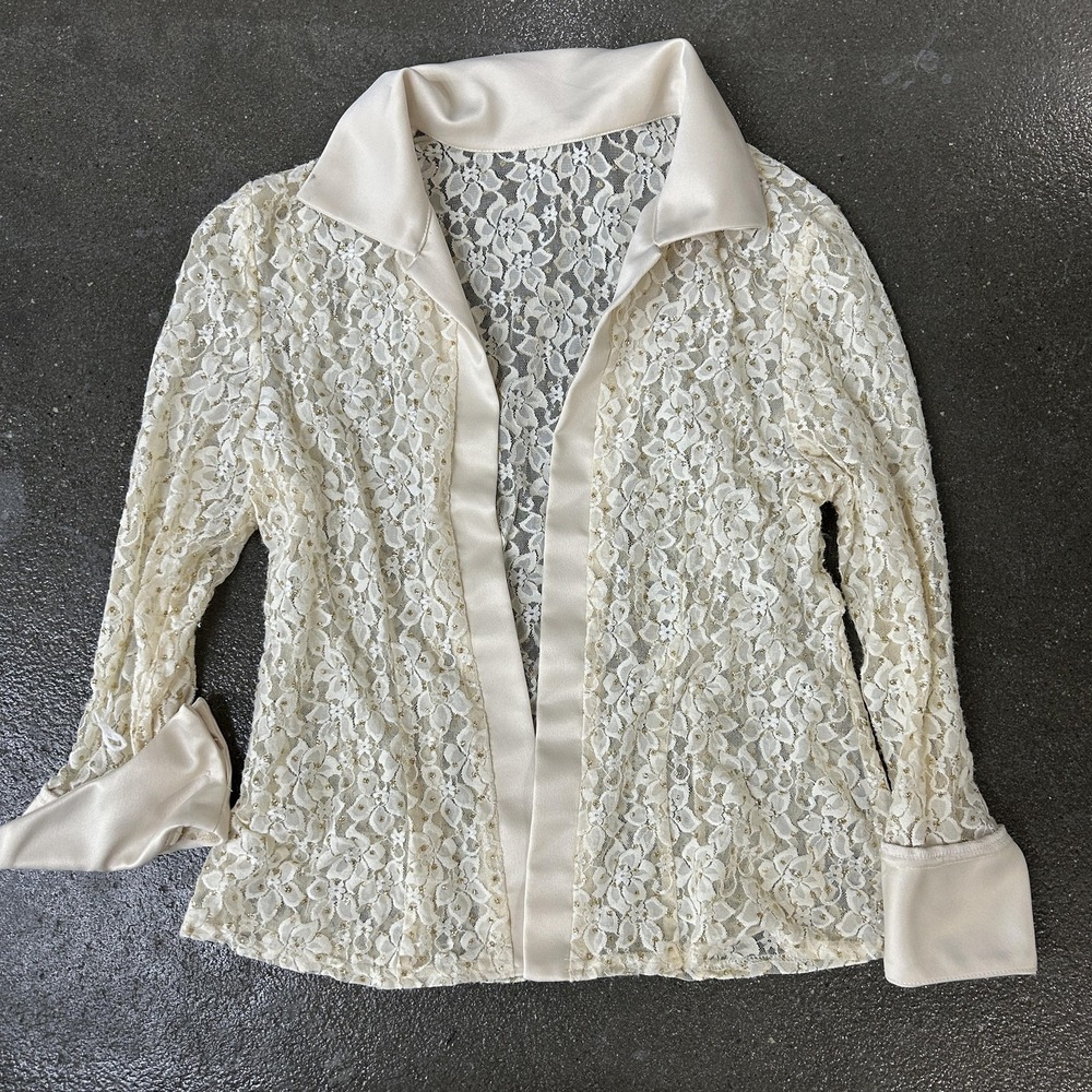 R&M Richards Jacket Womens 10P White Lace Beaded Open Front Petite Made USA